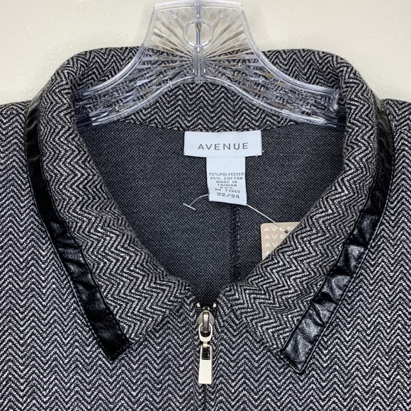 AVENUE Jacket Black & White Herringbone Zip Front Boxy Vegan Leather Trim 22 - Picture 7 of 12